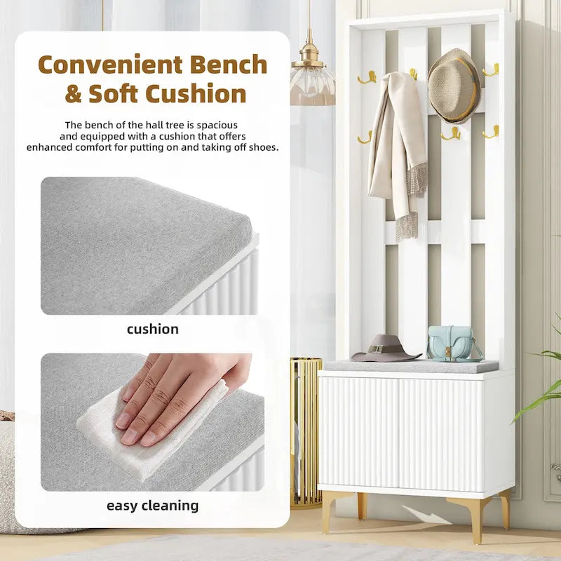 Entryway Hall Tree with Cushioned Bench and 8 Hooks