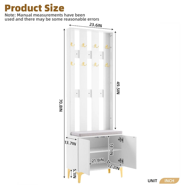 Entryway Hall Tree with Cushioned Bench and 8 Hooks