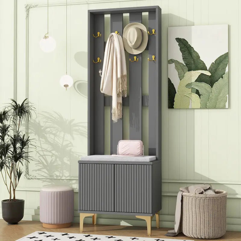 Entryway Hall Tree with Cushioned Bench and 8 Hooks