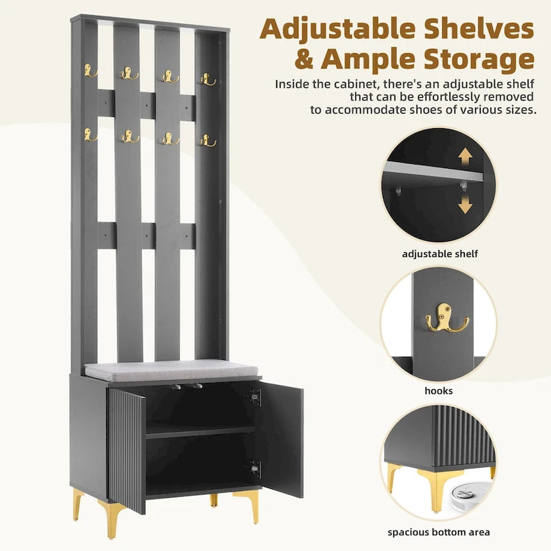 Entryway Hall Tree with Cushioned Bench and 8 Hooks