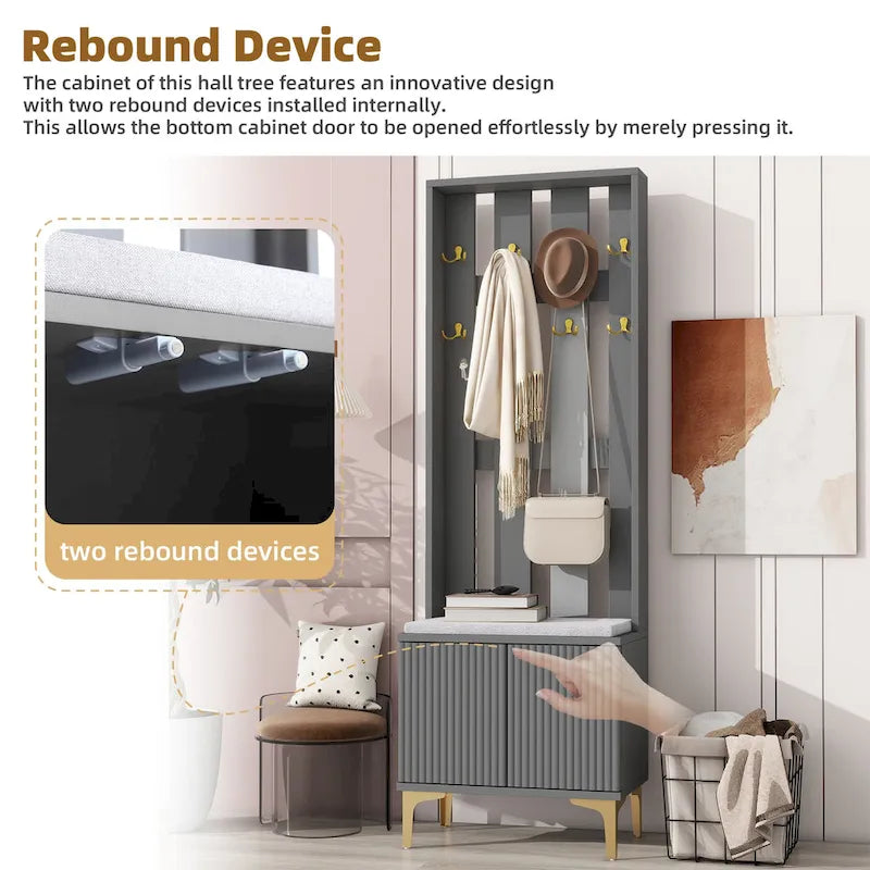 Entryway Hall Tree with Cushioned Bench and 8 Hooks