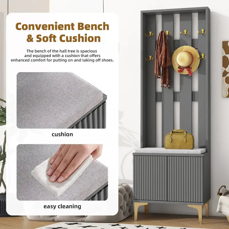 Entryway Hall Tree with Cushioned Bench and 8 Hooks