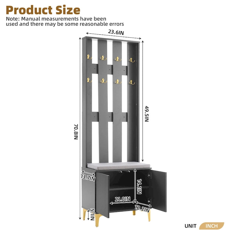 Entryway Hall Tree with Cushioned Bench and 8 Hooks