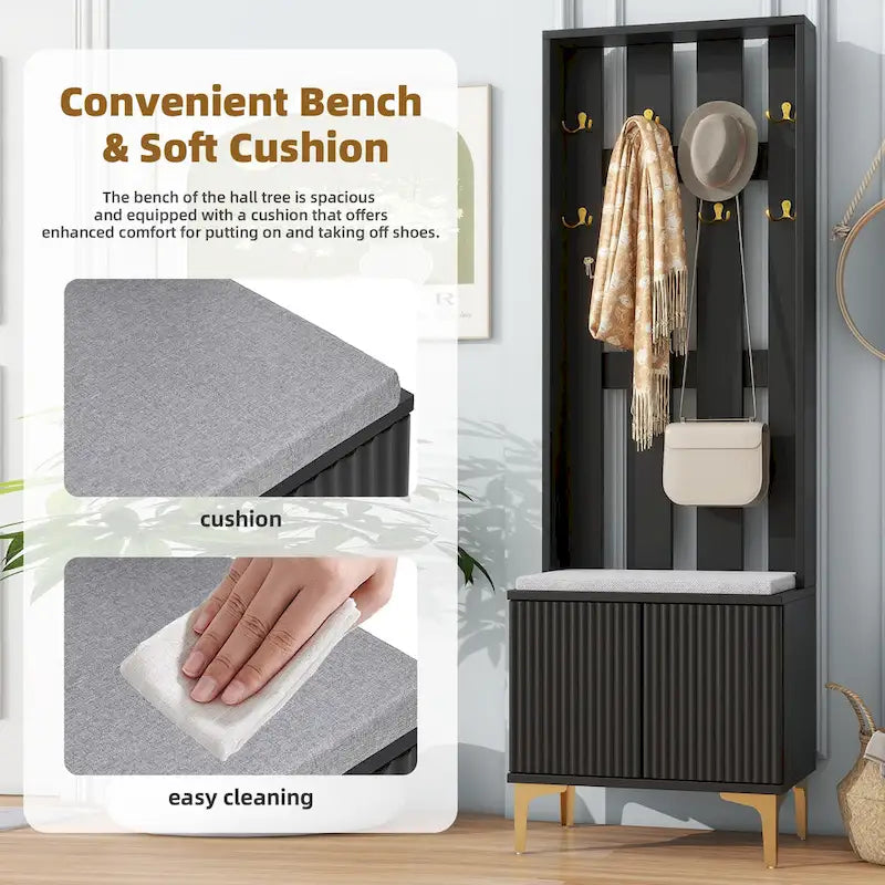 Entryway Hall Tree with Cushioned Bench and 8 Hooks