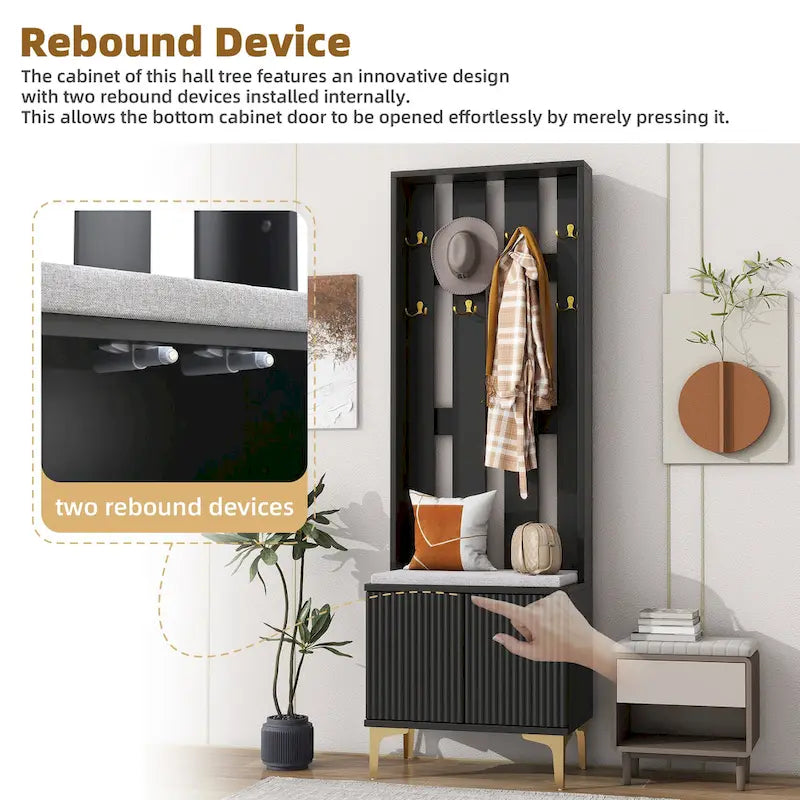 Entryway Hall Tree with Cushioned Bench and 8 Hooks