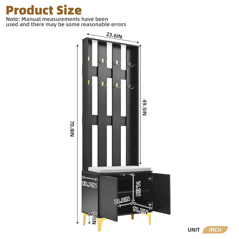 Entryway Hall Tree with Cushioned Bench and 8 Hooks