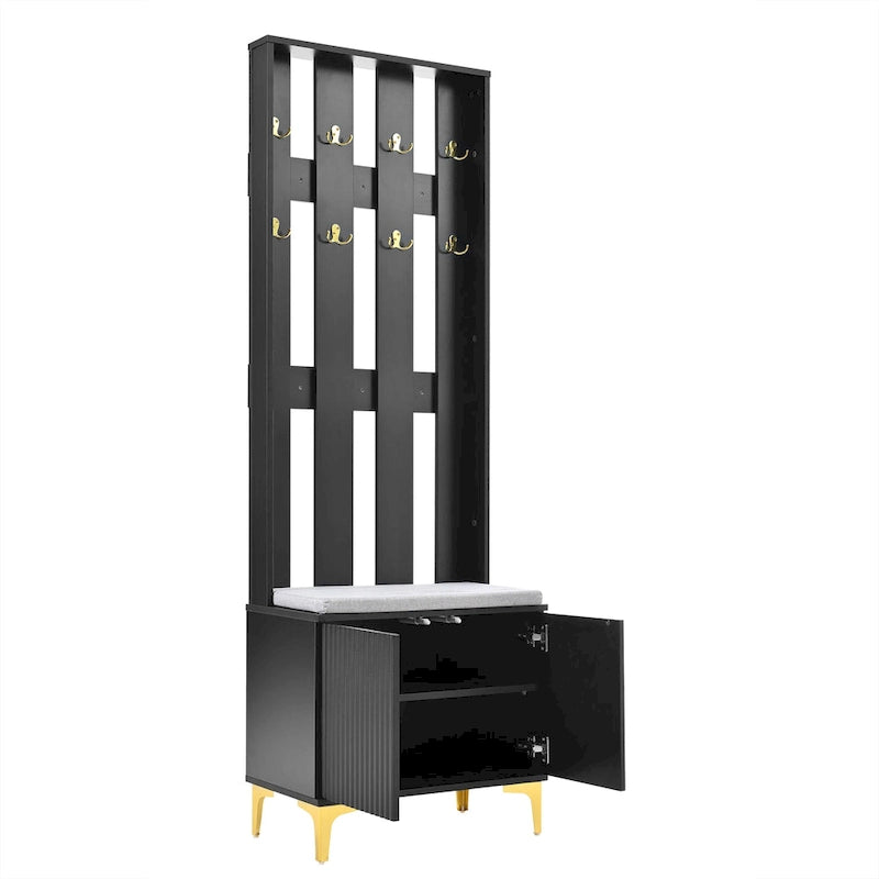 Entryway Hall Tree with Cushioned Bench and 8 Hooks