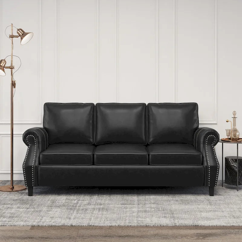 3-Sitzer-Sofa aus Kunstleder mit Beinen aus Birkenholz und Nagelkopfbesatz