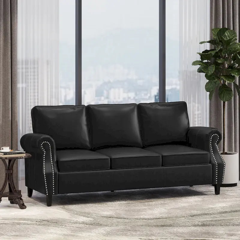 3-Sitzer-Sofa aus Kunstleder mit Beinen aus Birkenholz und Nagelkopfbesatz