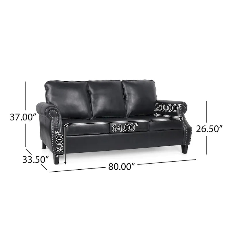 3-Sitzer-Sofa aus Kunstleder mit Beinen aus Birkenholz und Nagelkopfbesatz