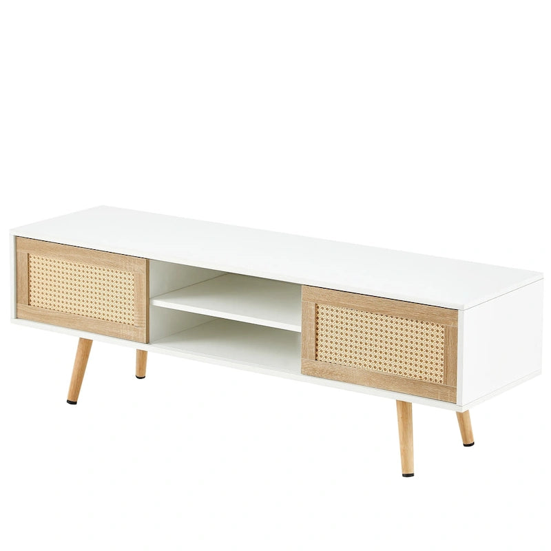 Mueble de TV blanco de 55.12 pulgadas con puertas corredizas de ratán