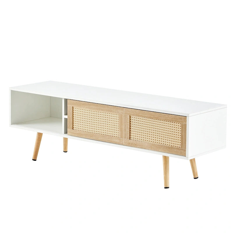 Weißer 55,12-Zoll-TV-Schrank mit Schiebetüren aus Rattan