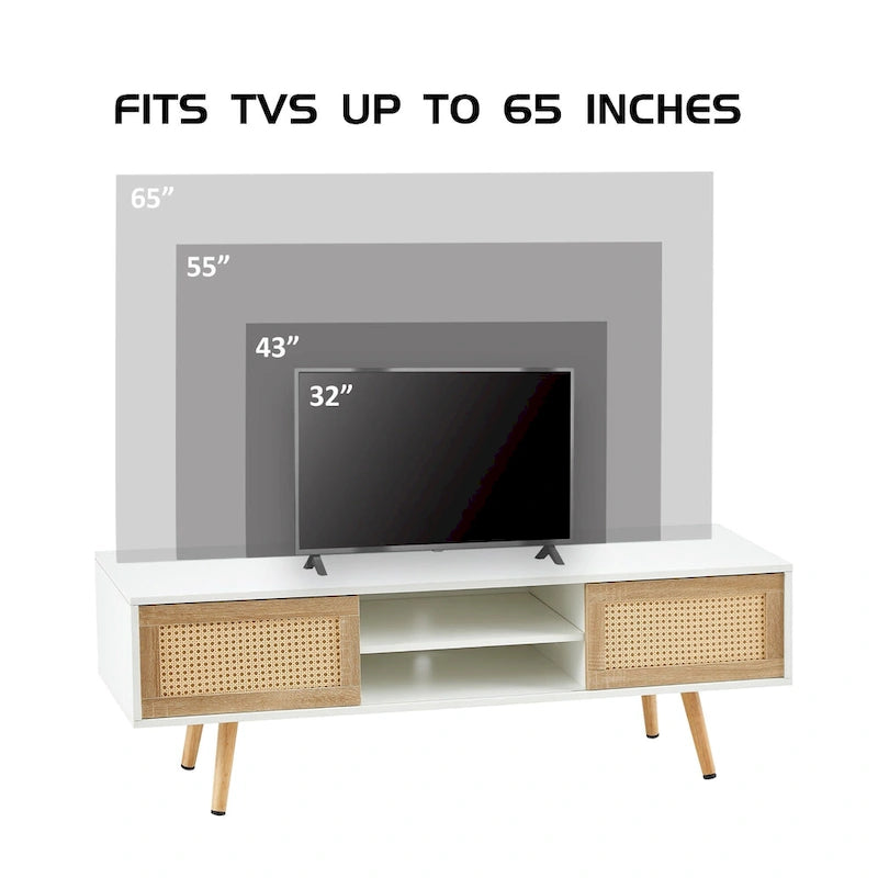 Weißer 55,12-Zoll-TV-Schrank mit Schiebetüren aus Rattan