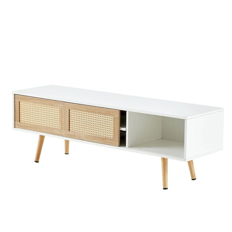 Weißer 55,12-Zoll-TV-Schrank mit Schiebetüren aus Rattan