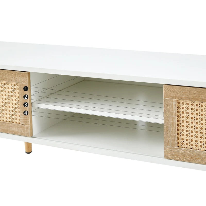 Weißer 55,12-Zoll-TV-Schrank mit Schiebetüren aus Rattan