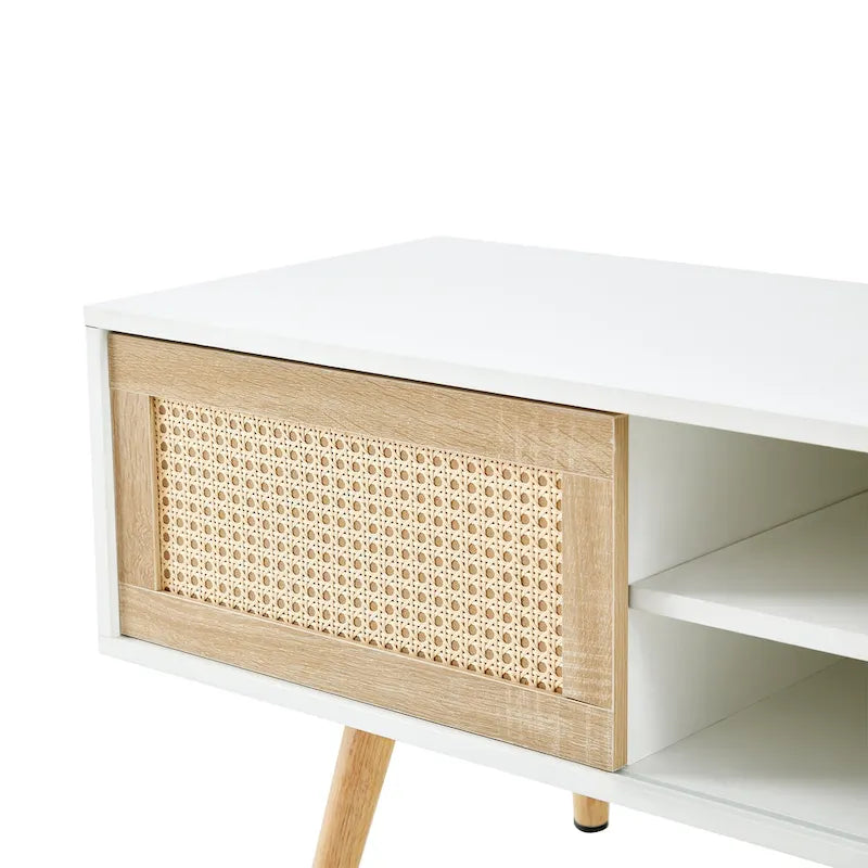 Weißer 55,12-Zoll-TV-Schrank mit Schiebetüren aus Rattan
