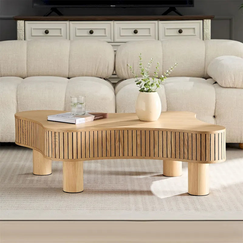 Mesa de centro irregular de 42.52 pulgadas con chapa de madera y patas de madera de caucho