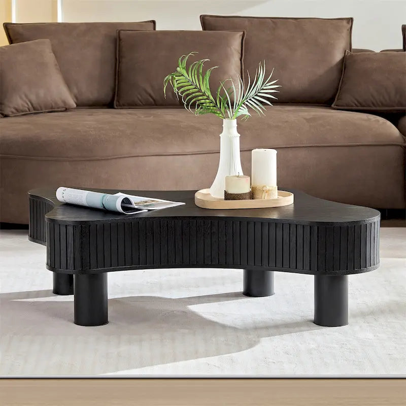 Mesa de centro irregular de 42.52 pulgadas con chapa de madera y patas de madera de caucho