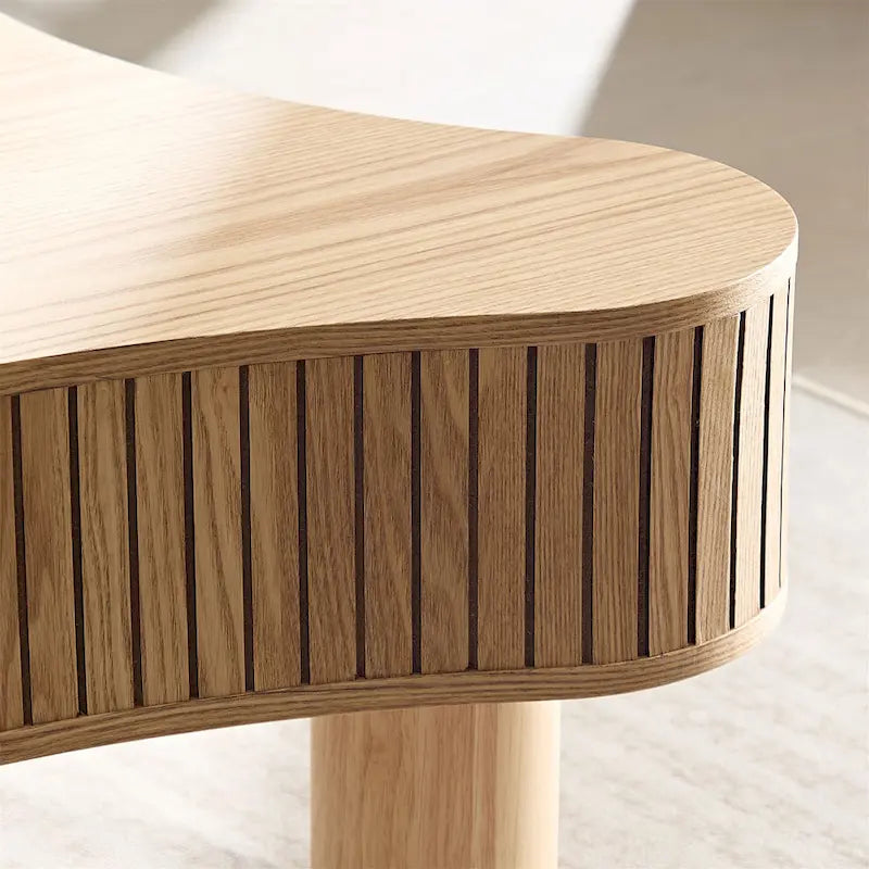 Mesa de centro irregular de 42.52 pulgadas con chapa de madera y patas de madera de caucho