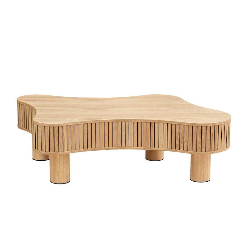 Mesa de centro irregular de 42.52 pulgadas con chapa de madera y patas de madera de caucho