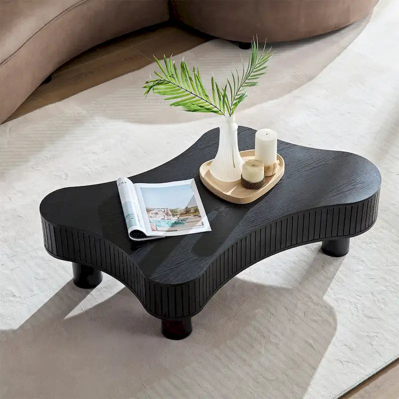 Mesa de centro irregular de 42.52 pulgadas con chapa de madera y patas de madera de caucho