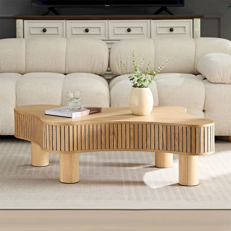Mesa de centro irregular de 42.52 pulgadas con chapa de madera y patas de madera de caucho