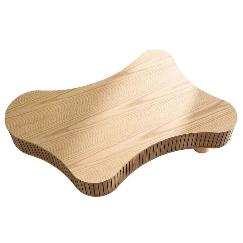 Mesa de centro irregular de 42.52 pulgadas con chapa de madera y patas de madera de caucho