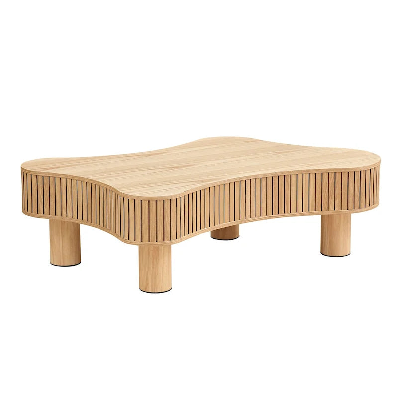 Mesa de centro irregular de 42.52 pulgadas con chapa de madera y patas de madera de caucho