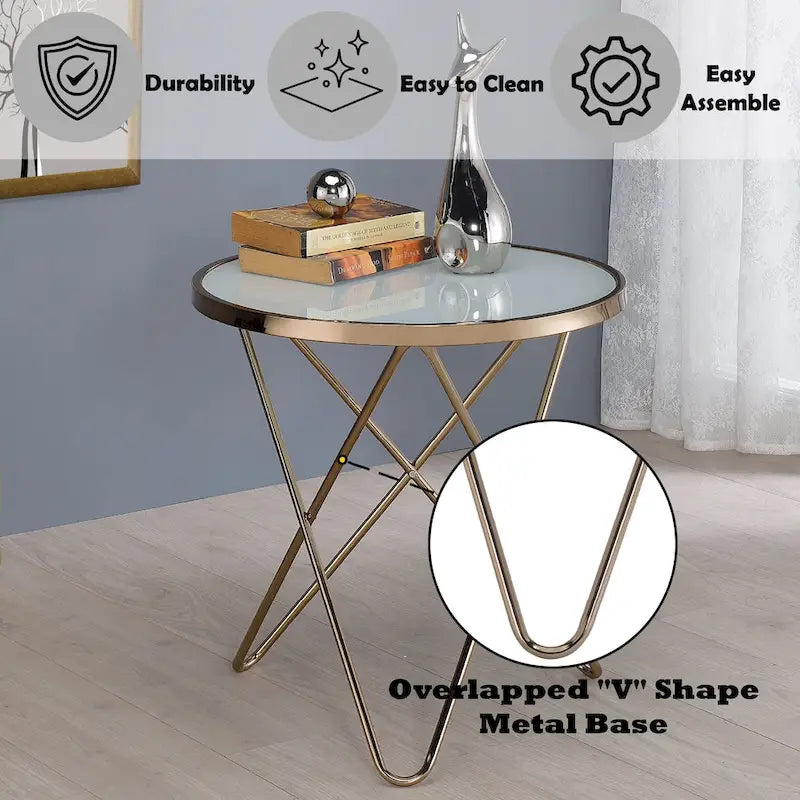 Mesa auxiliar redonda de vidrio esmerilado con base en forma de V color champán