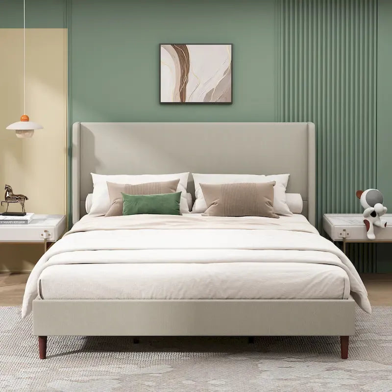 Cama de plataforma tamaño King de lino beige con 12 listones de madera
