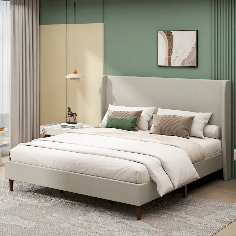 Cama de plataforma tamaño King de lino beige con 12 listones de madera