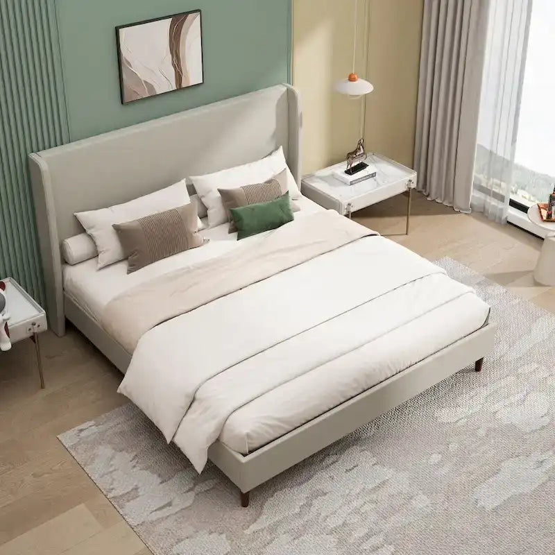 Cama de plataforma tamaño King de lino beige con 12 listones de madera