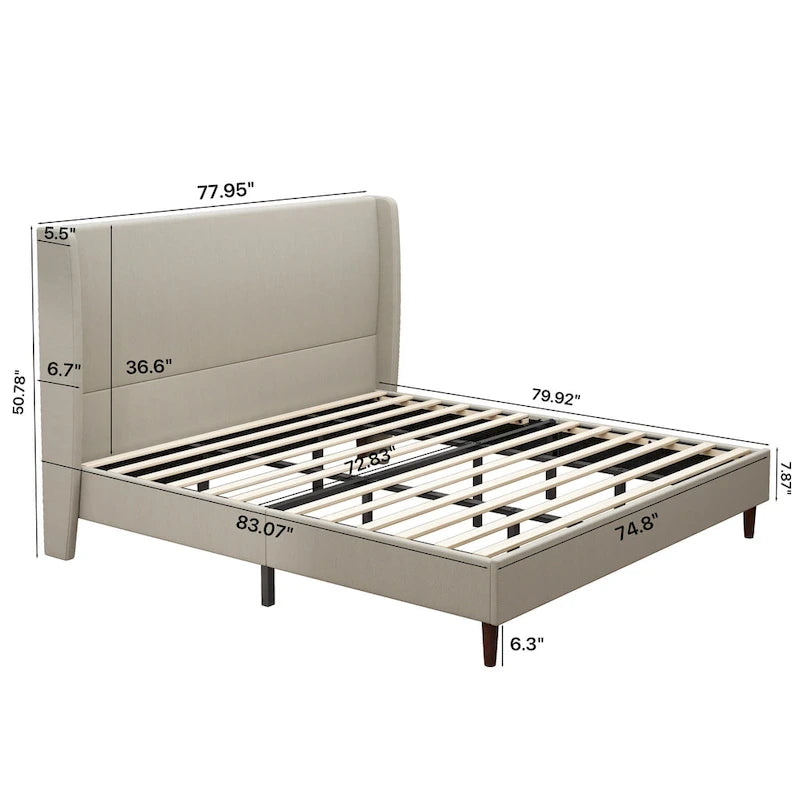 Cama de plataforma tamaño King de lino beige con 12 listones de madera