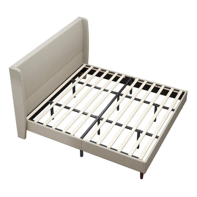 Cama de plataforma tamaño King de lino beige con 12 listones de madera