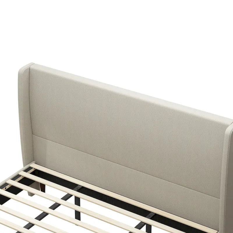 Cama de plataforma tamaño King de lino beige con 12 listones de madera