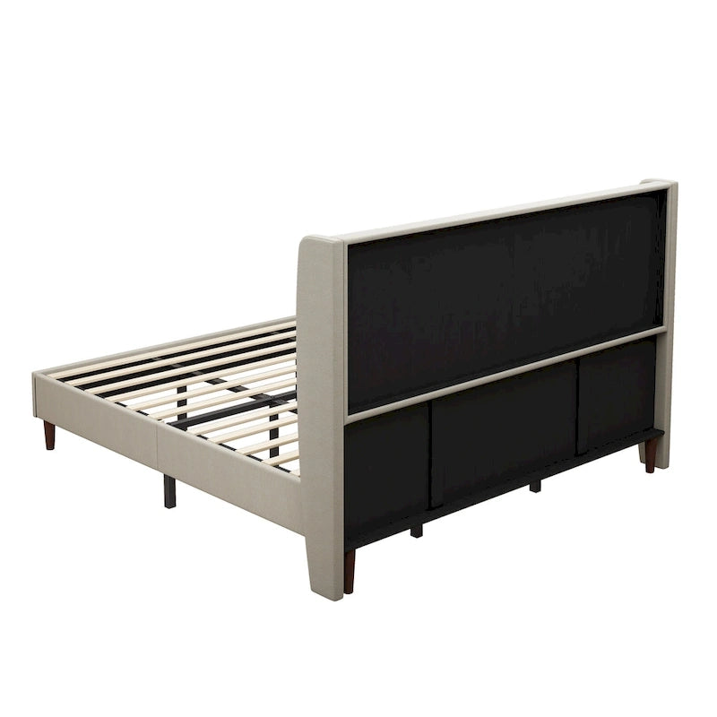 Cama de plataforma tamaño King de lino beige con 12 listones de madera