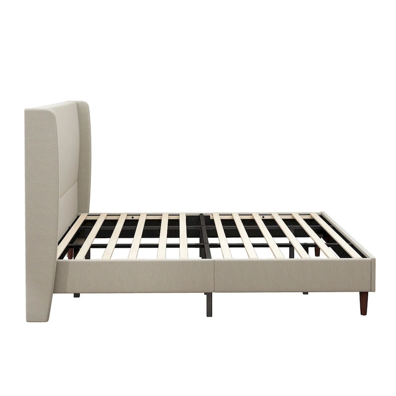 Cama de plataforma tamaño King de lino beige con 12 listones de madera