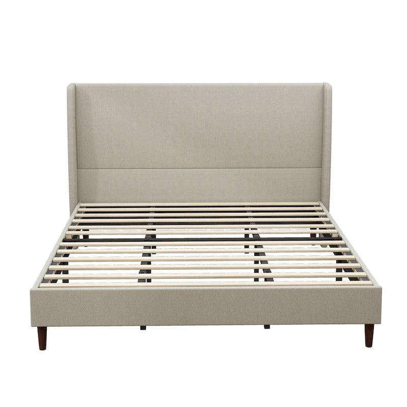 Cama de plataforma tamaño King de lino beige con 12 listones de madera