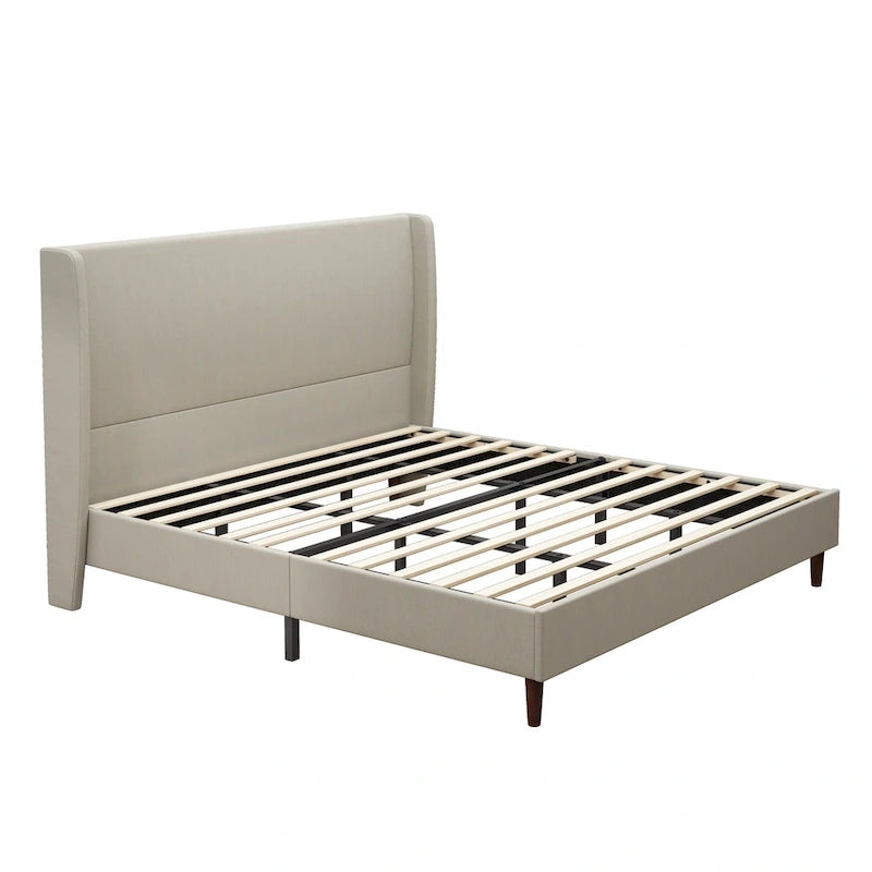 Cama de plataforma tamaño King de lino beige con 12 listones de madera