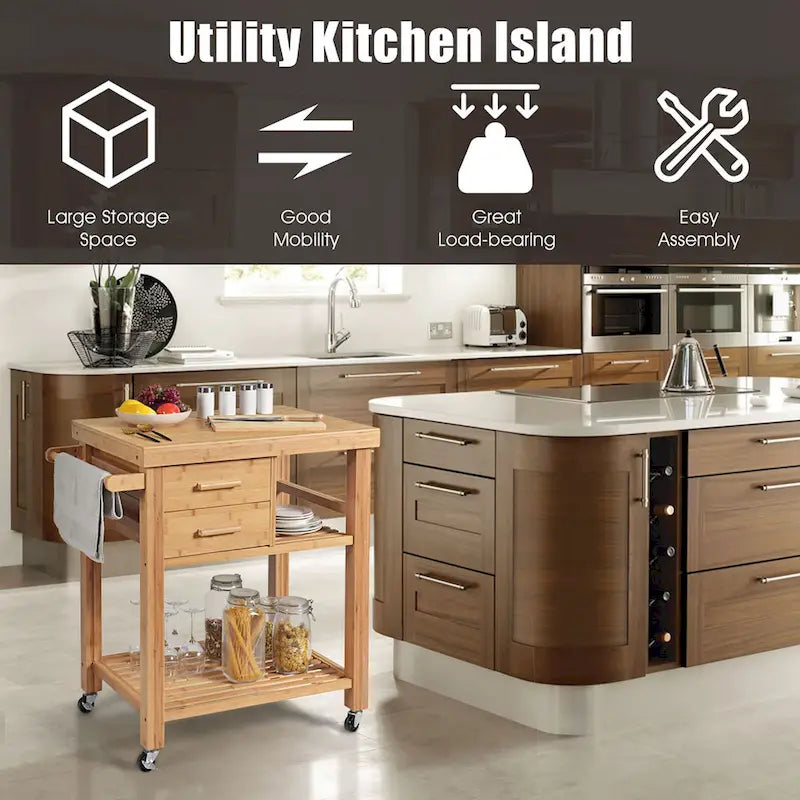 Isla de cocina con ruedas de bambú, cajones y toallero