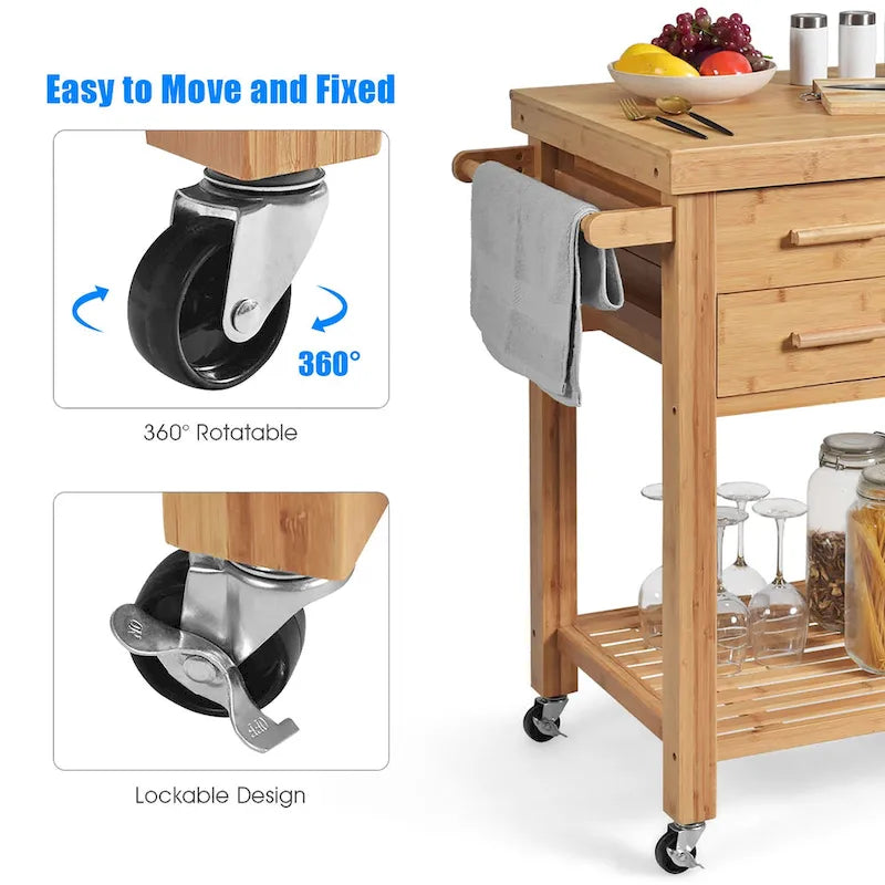 Isla de cocina con ruedas de bambú, cajones y toallero