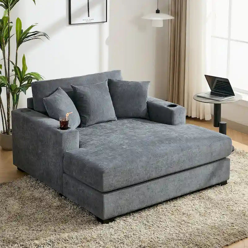 Chaise longue extragrande de chenilla con estación de carga y portavasos