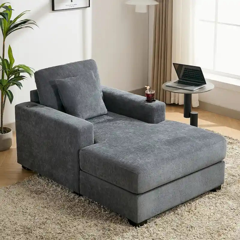 Chaise longue extragrande de chenilla con estación de carga y portavasos