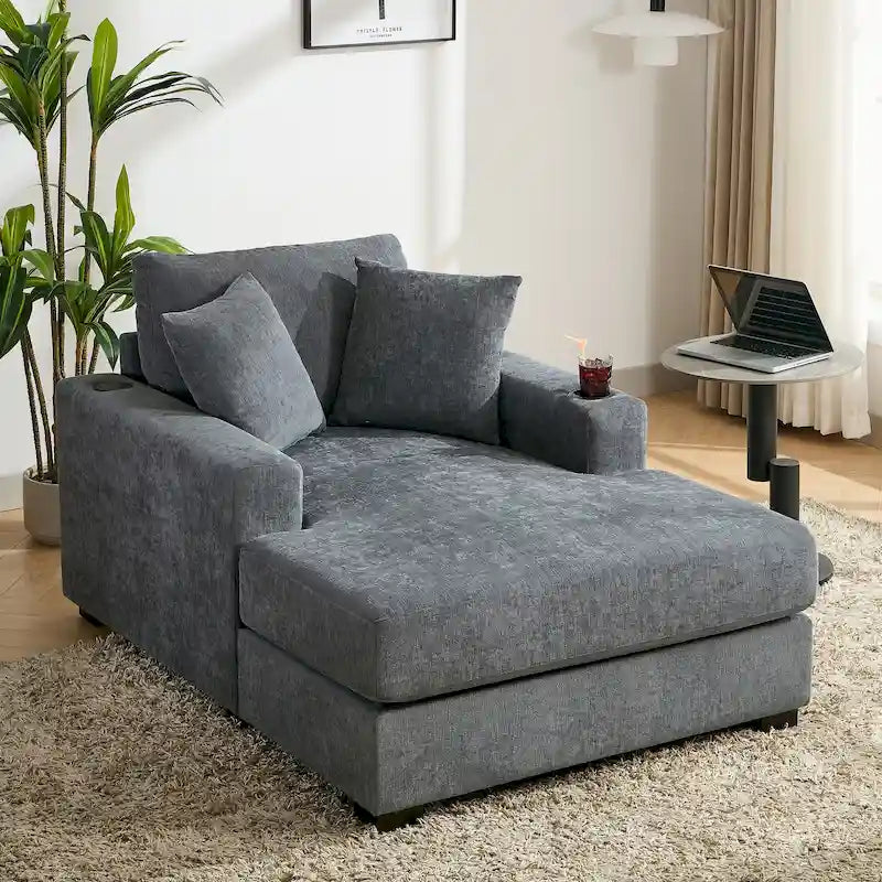 Chaise longue extragrande de chenilla con estación de carga y portavasos