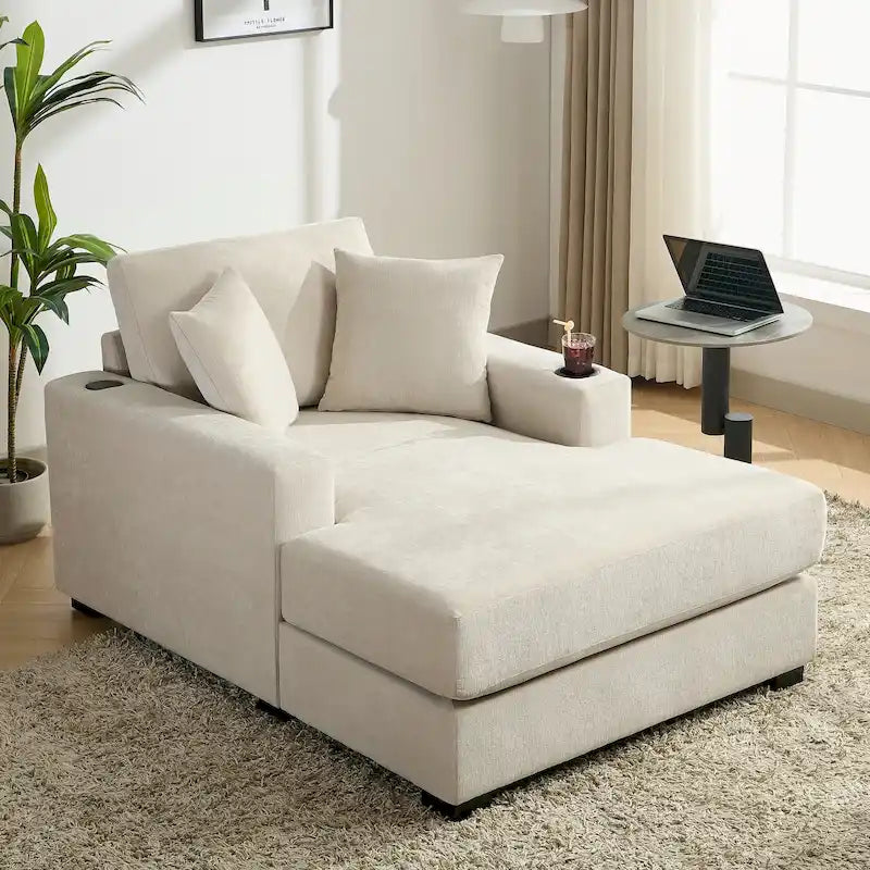 Chaise longue extragrande de chenilla con estación de carga y portavasos