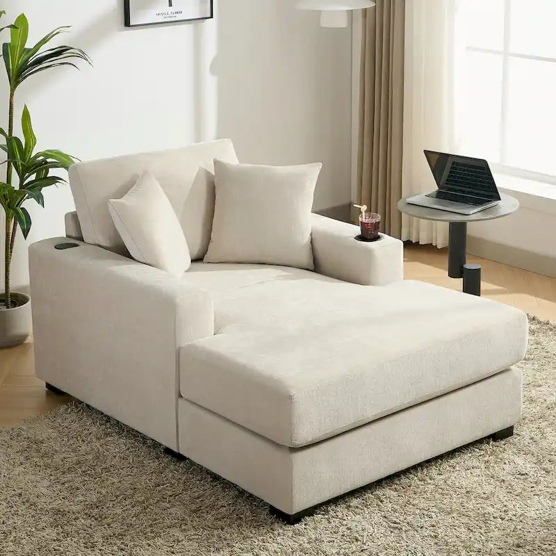 Chaise longue extragrande de chenilla con estación de carga y portavasos