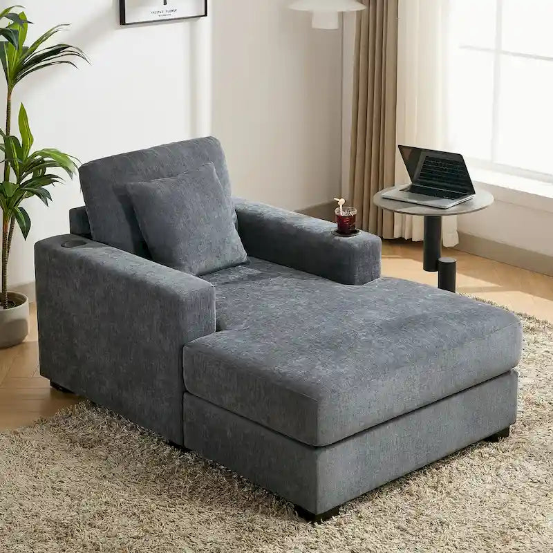 Chaise longue extragrande de chenilla con estación de carga y portavasos