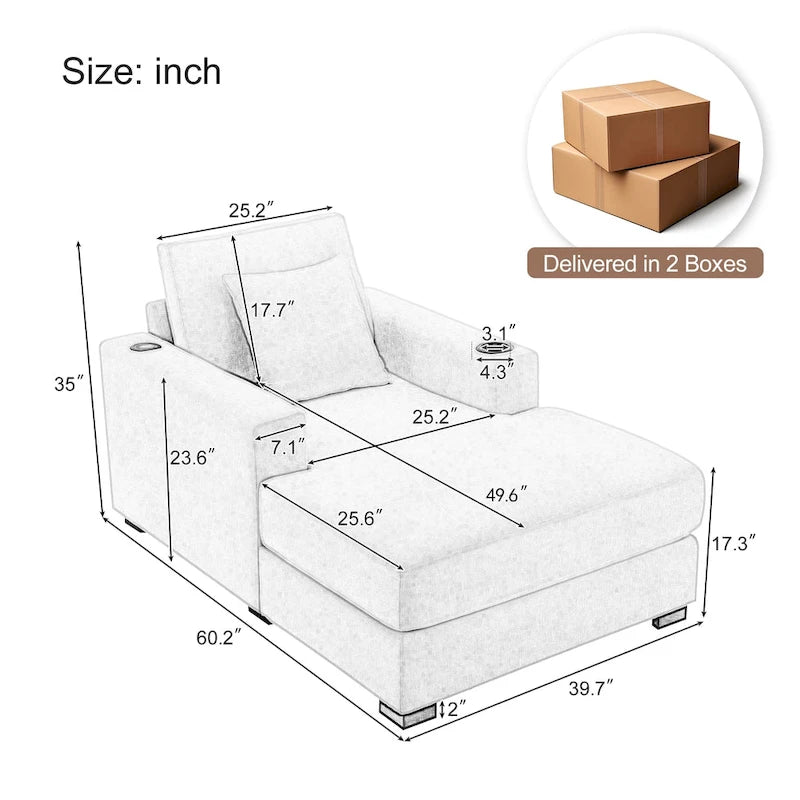 Chaise longue extragrande de chenilla con estación de carga y portavasos
