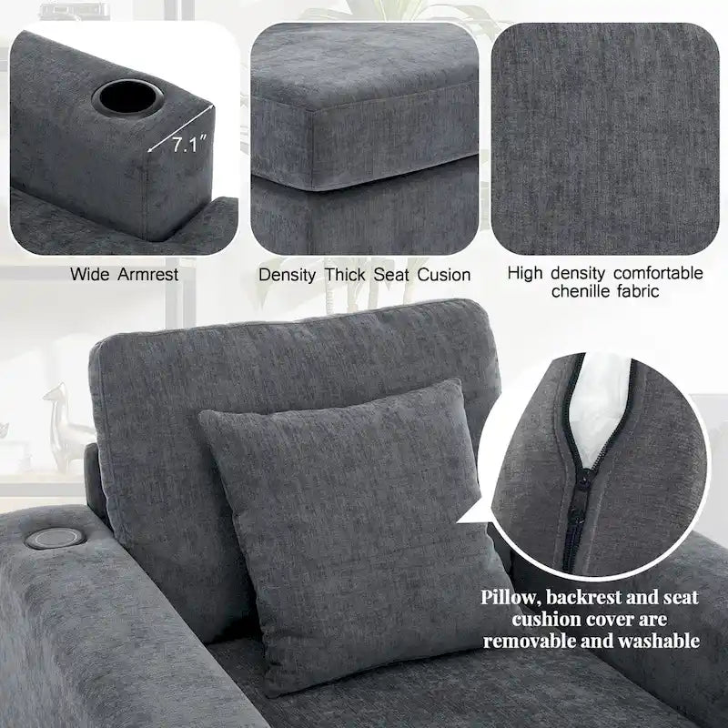 Chaise longue extragrande de chenilla con estación de carga y portavasos