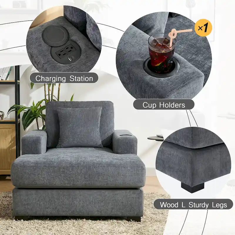 Chaise longue extragrande de chenilla con estación de carga y portavasos